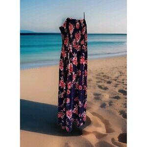Pacific Vibes Maxi Dress XXL Blue Floral Adjustable‎ Strap Front Slits Beach NWT